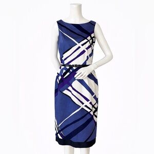 Max Mara Geometric Print Sheath Dress  Blue Purple Cotton Italian Designer Dress
